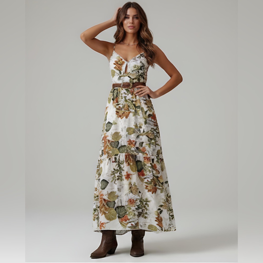 Boho Plant Printed Ruffle Hem Spaghetti Strap Dress Maxi - Picture 3 of 9